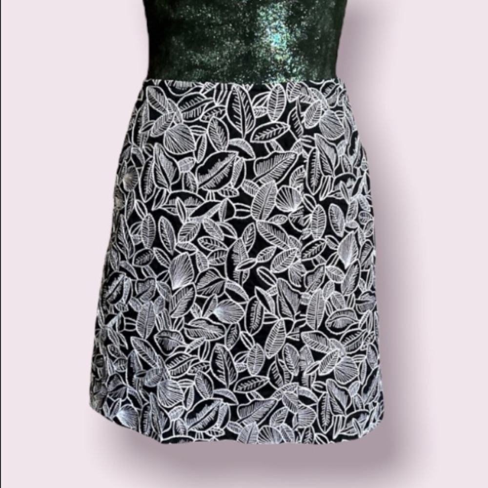 Talbots Black Skirt with White Embroidered Leaf Pattern